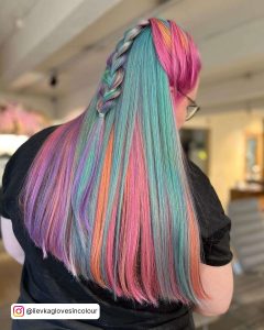 Pastel Pink Hair With Turquoise, Coral, Lilac And Light Orange Highlights