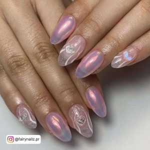 Pink And Iridescent Clear Chrome Nails With Gel Effect And Hearts