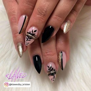 Pink, Black And White Gold Glitter Almond Nails With Black Designs