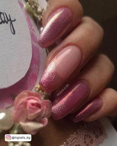 Pink Glitter Nails With One Pink Glitter Frencg Tip