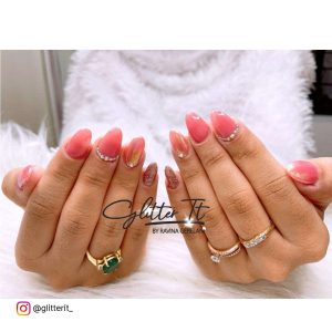 Pink Nails With Pink Chrome Nail And Rhinestones For Prom Or For Wedding