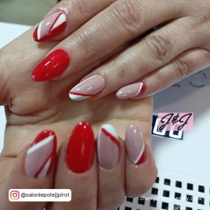Round Abstract Nude + Red And White Nails Design On Gel Polish Nail Dryer