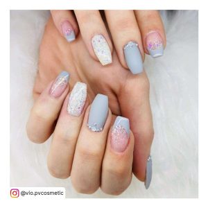 Short Ballerina Nail Design With Matte Grey, White Glitter And Grey French Tip Nails With Rhinestones