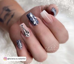 Short Ballerina Nails With Navy And Silver Glitter Nails And White Ombre French Tip Nails And Rhinestones
