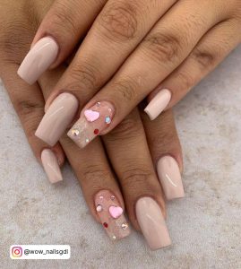 Short Beige Ballerina Nails With Hearts