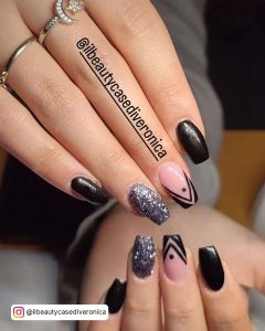 Short Black Pink And Silver Glitter Ballerina Nails With V Shape Tip Feature Nail