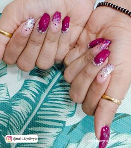 Short Red Pink And White Nails Glitter And Diamond With Leaf Patterned Clothe