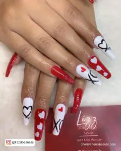 Valentine Red Nails With White Hearts And Red Glitters And White Surface And Red Business Card