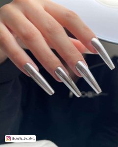 Very Long Square Tip Silver Chrome Nails