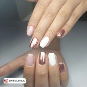 White And Nude Nails With Rose Gold Chrome Nails