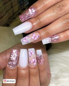 White French Tip Ombre Nails With Pink Butterflies And Pink Glitter Nails