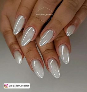 White Oval Nails With Chrome Effect