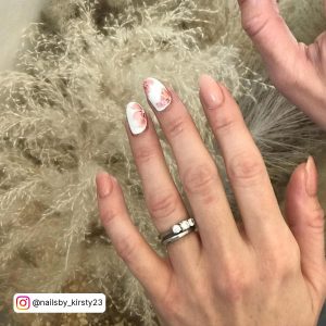 Adorable Nude And White Gel Nails With Design Over Pampass Grass
