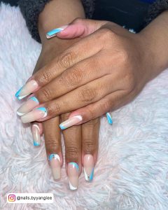 Aesthetic Patel Blue And White French Nails With Rhinestones And Reverse French Nails On Fur