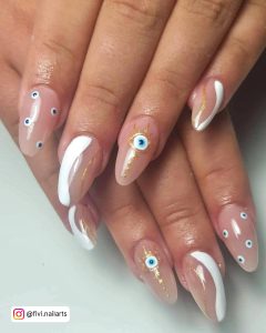 All Eyes Blue And White Nails Design With Line Work