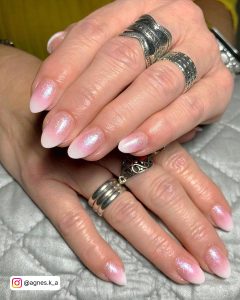 Almond White Sparkle Ombre Nails With Grey Patterned Surface