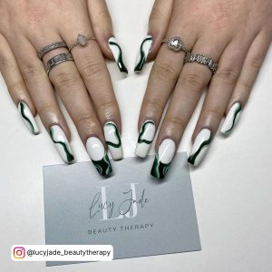Black And White Acrylic Nails Coffin Paired With Gothic Rings