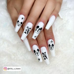 Black And White Coffin Nails With Mickey Mouse Design