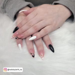 Black And White Nails With Hearts For Halloween