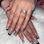Black And White Scream Nails With Double And Spider-Web French Tips Over Fur Clothe.