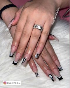 Black And White Scream Nails With Double And Spider-Web French Tips Over Fur Clothe.