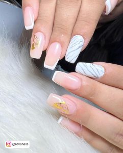 Butterfly White Tip Gel Nails With Marble Design On White Fur