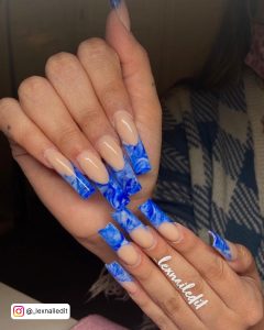 Charming Marble Blue And White Coffin Nails On Checkered Clothe