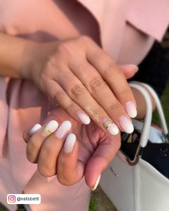 Chic Chrome Lilac And White Ombre Nails With Lady In Pink Dress And White Bag