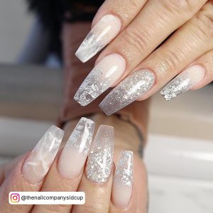 Clear And White Coffin Nails With Silver Glitter
