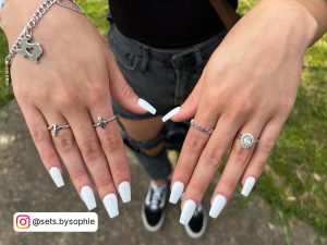 Coffin Acrylic Nails White With Multiple Rings