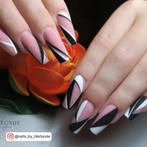 Coffin Black And White Abstract Nails With Orange Flower In Background