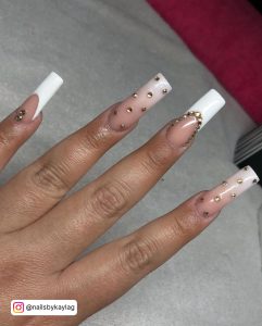 Coffin Nails With White Tips And Gold Rhinestones