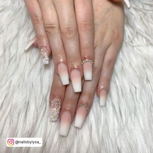 Coffin Pink And White Nails With Diamonds For Weddings