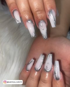 Coffin White And Silver Nails For An Artistic Look