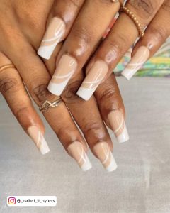Coffin White French Tip Nail Designs With Line Work Over Silvery Surface