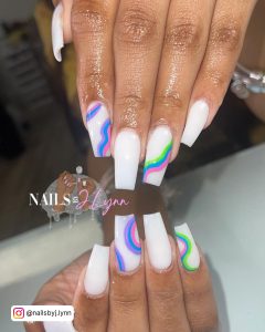 Coffin White Nail Designs With Rainbow Colors