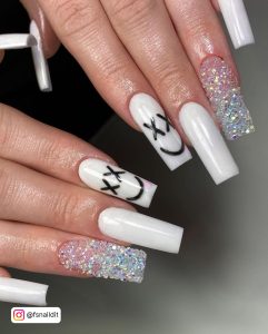 Coffin White Nails With Diamonds And Smiley