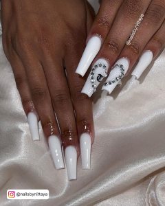 Coffin White Nails With Diamonds In The Shape Of A Heart