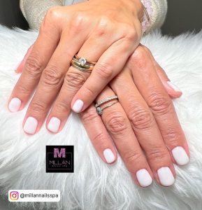 Elegant White Short Gel Nails Laying On White Fur