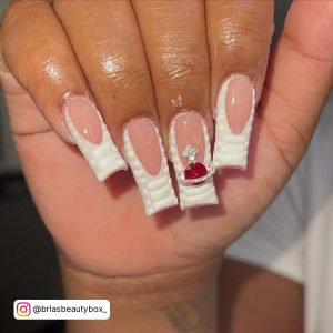 French Tip Nails White With Red Stone And Ring