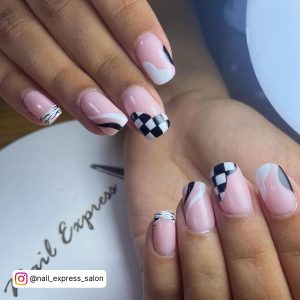 Fun Black And White French Tips Nails With Half Love Checkered And Plain Tips, And Nail Work