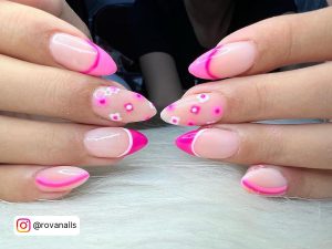 Girly Pink And White Nail Design With Flower Design, French Tips, And Lines On White Fur