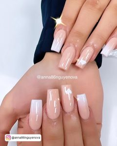 Glossy Coffin Ombre White Nail Design With Hearts