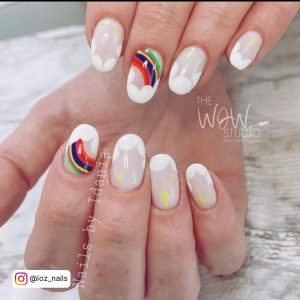Gorgeous Arcoirs Thin White Tip Nails With White Bubble Tips And Rainbow Design