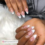 Gorgeous White Tips Nails With Pearls On White Fur
