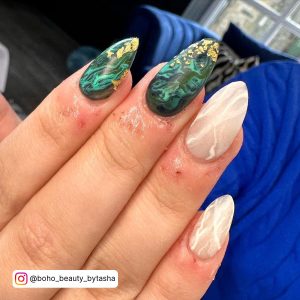 Green And White Marble Nails With A Touch Of Gold