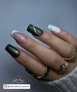 Green Chrome Nails With White Glitter On Middle And Little Finger
