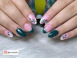 Green, Pink, And White Gel Nails With Leafy Design, Frenchies, And Glitters On White Fur