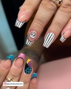 Halloween Art White Acrylic Nail Design With White And Black Stripes And Colorful French Tips