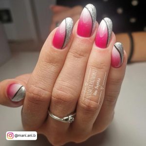Hot Pink And White Ombre Nails With Black Lines